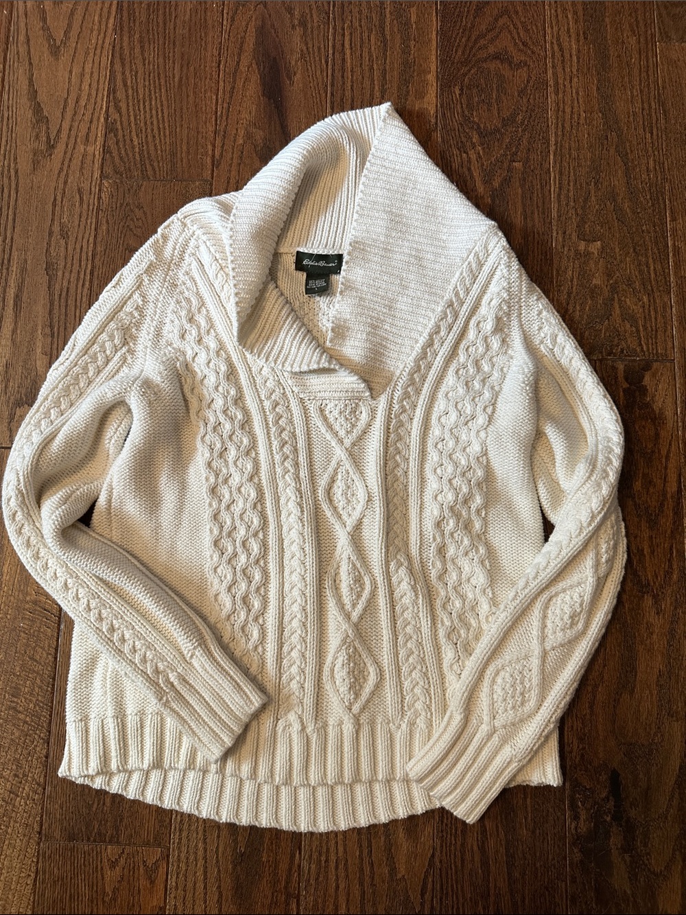 Eddie Bauer Cream Cable-Knit Shawl Collar Sweater